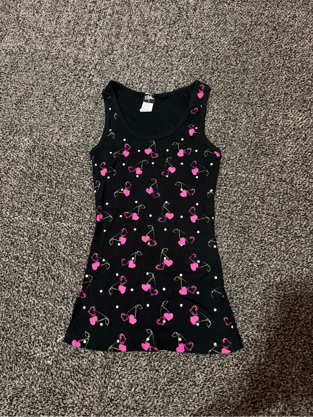 Black Tank with Pink Cherry Heart Print